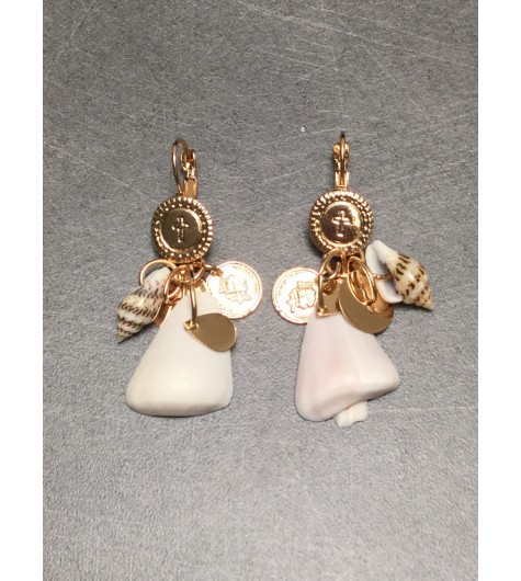 Earrings - Coin style disc charm with shells.