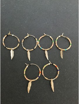 Earrings - Hoop style with coloured beads and metallic feather.