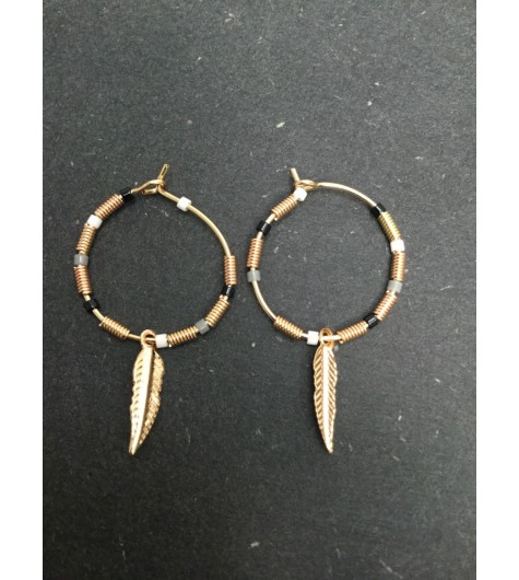 Earrings - Hoop style with coloured beads and metallic feather.