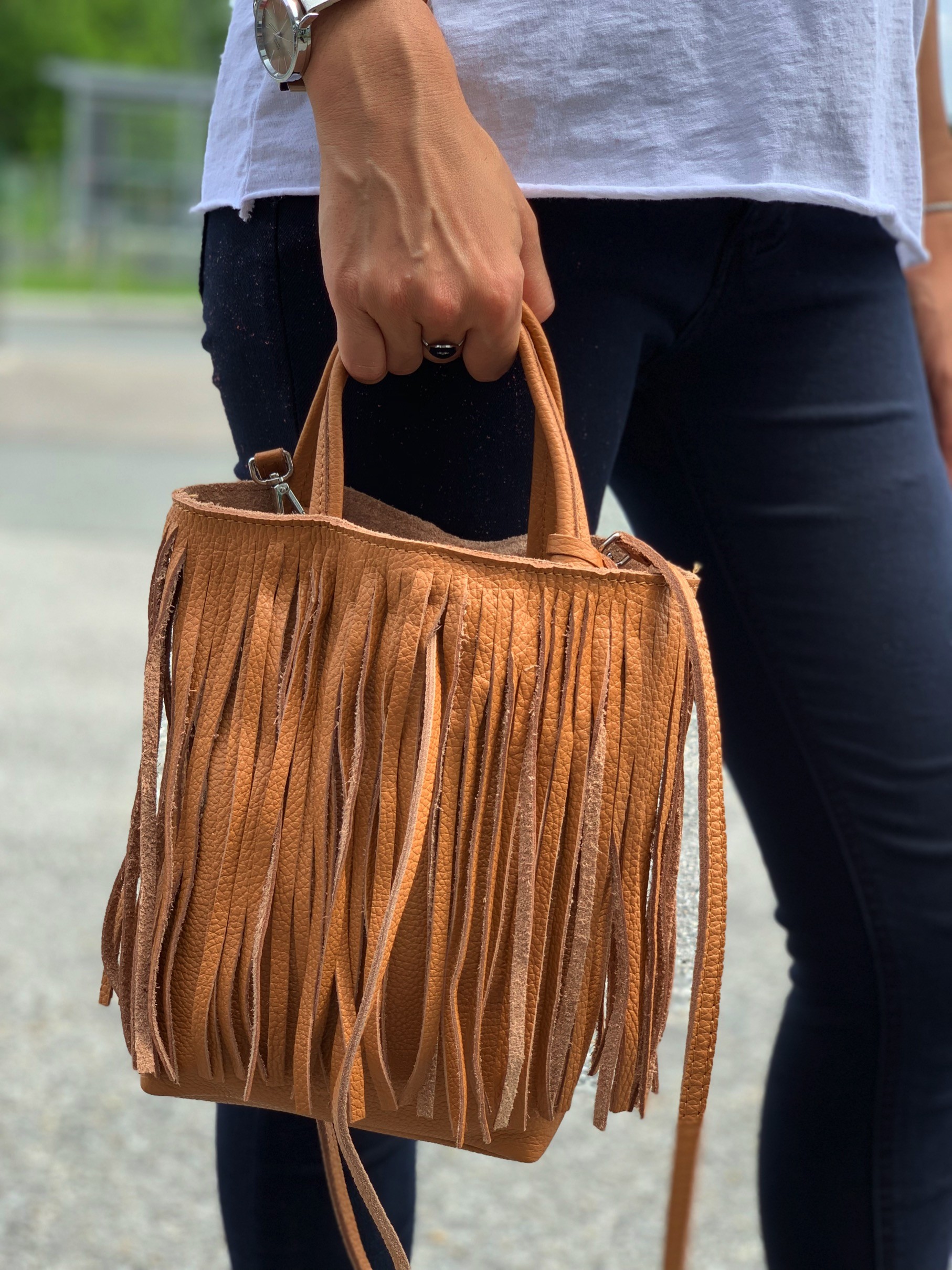 Sac à main cuir - Uni grainé avec franges.