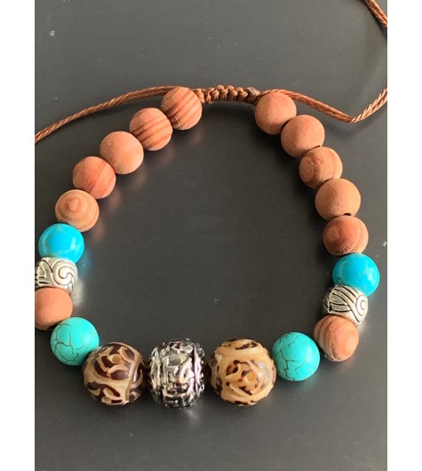 Bracelet - Lien serrage cordon avec perles bois et pierres