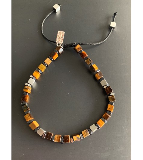 Bracelet Acier - Perles cubes/rondelles sur cordon et lien serrage