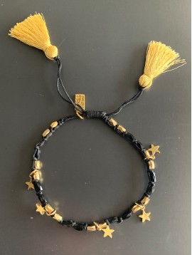 Bracelet Acier - Lien serrage cordon avec étoiles et pompons fils