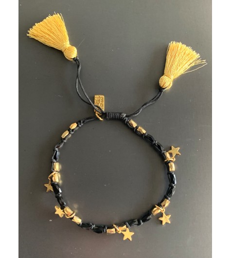 Bracelet Acier - Lien serrage cordon avec étoiles et pompons fils