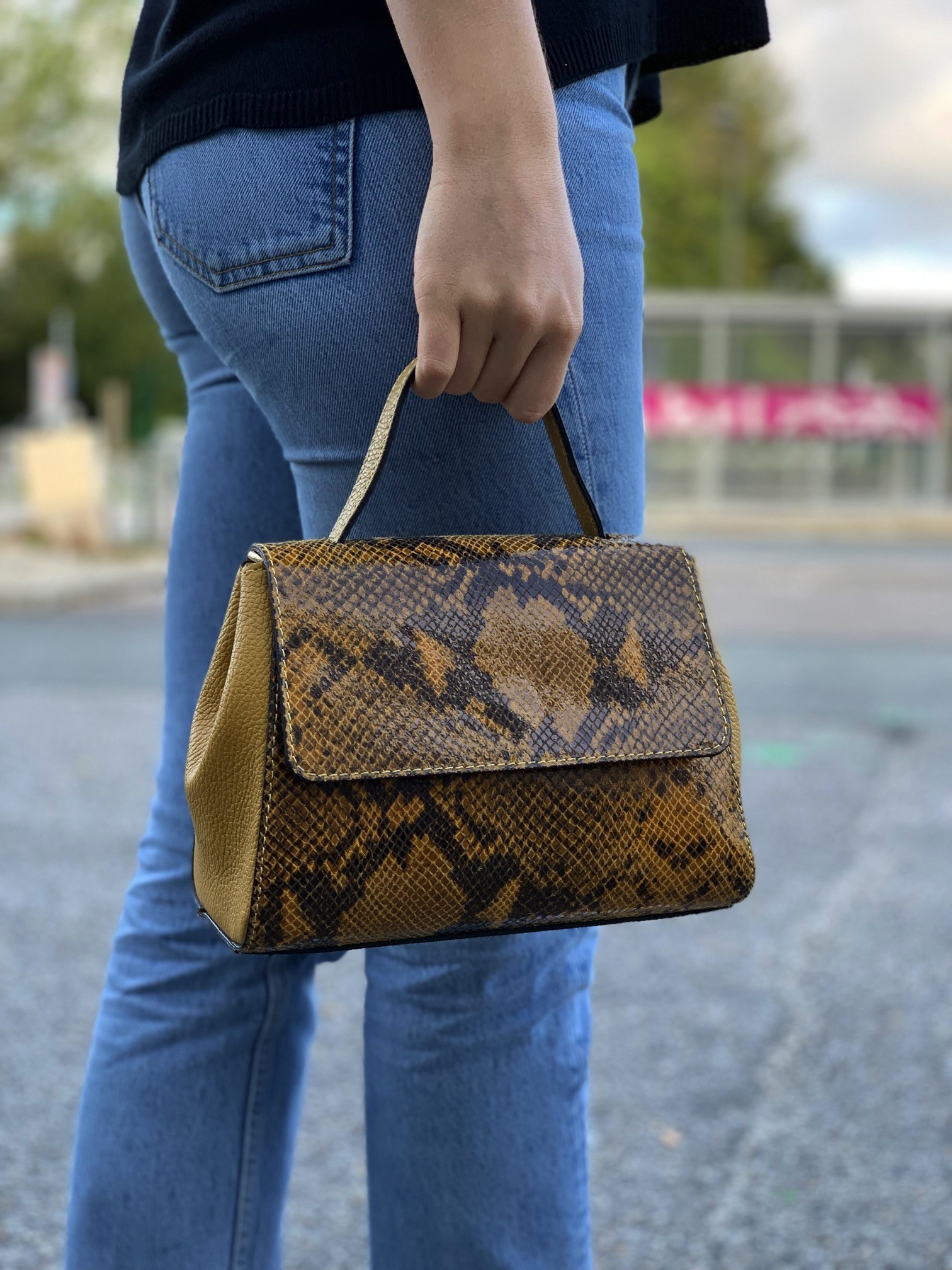 Sac cuir porté main reptile avec rabat