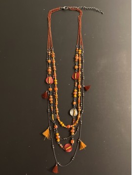 Collier Long - Multirangs perles sur disques/pompons fils/perles facet