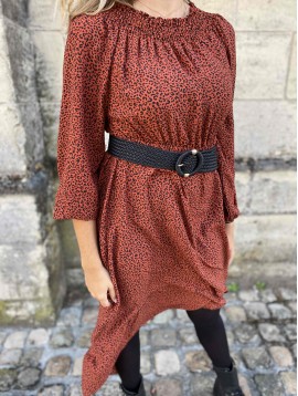 Robe imprimée longue avec manches et élastique au col