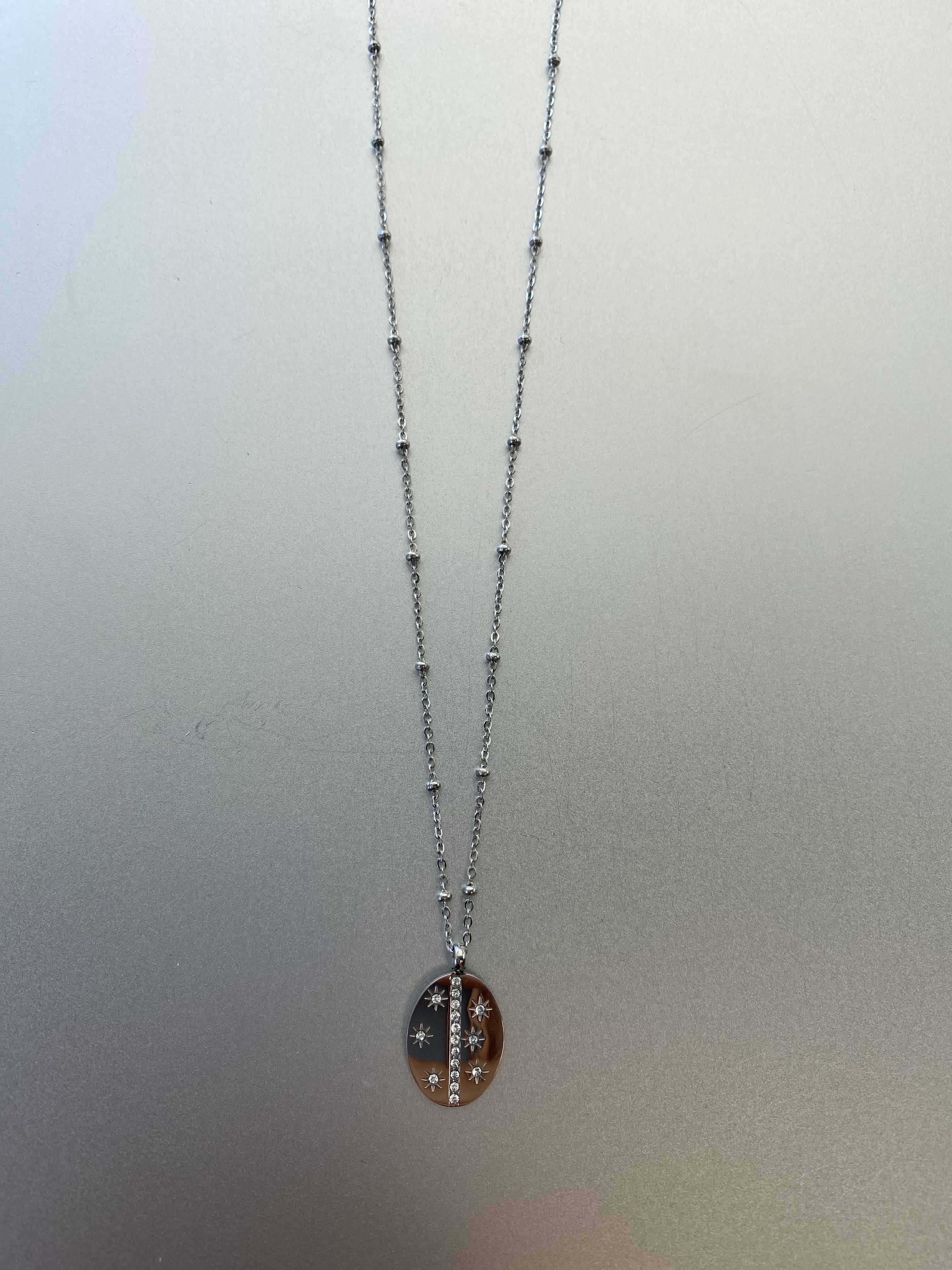 Collier Acier - Pendentif Ovale ligne strass sur chaîne fine