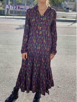 Robe longue viscose imprimée à col motif feuilles multi