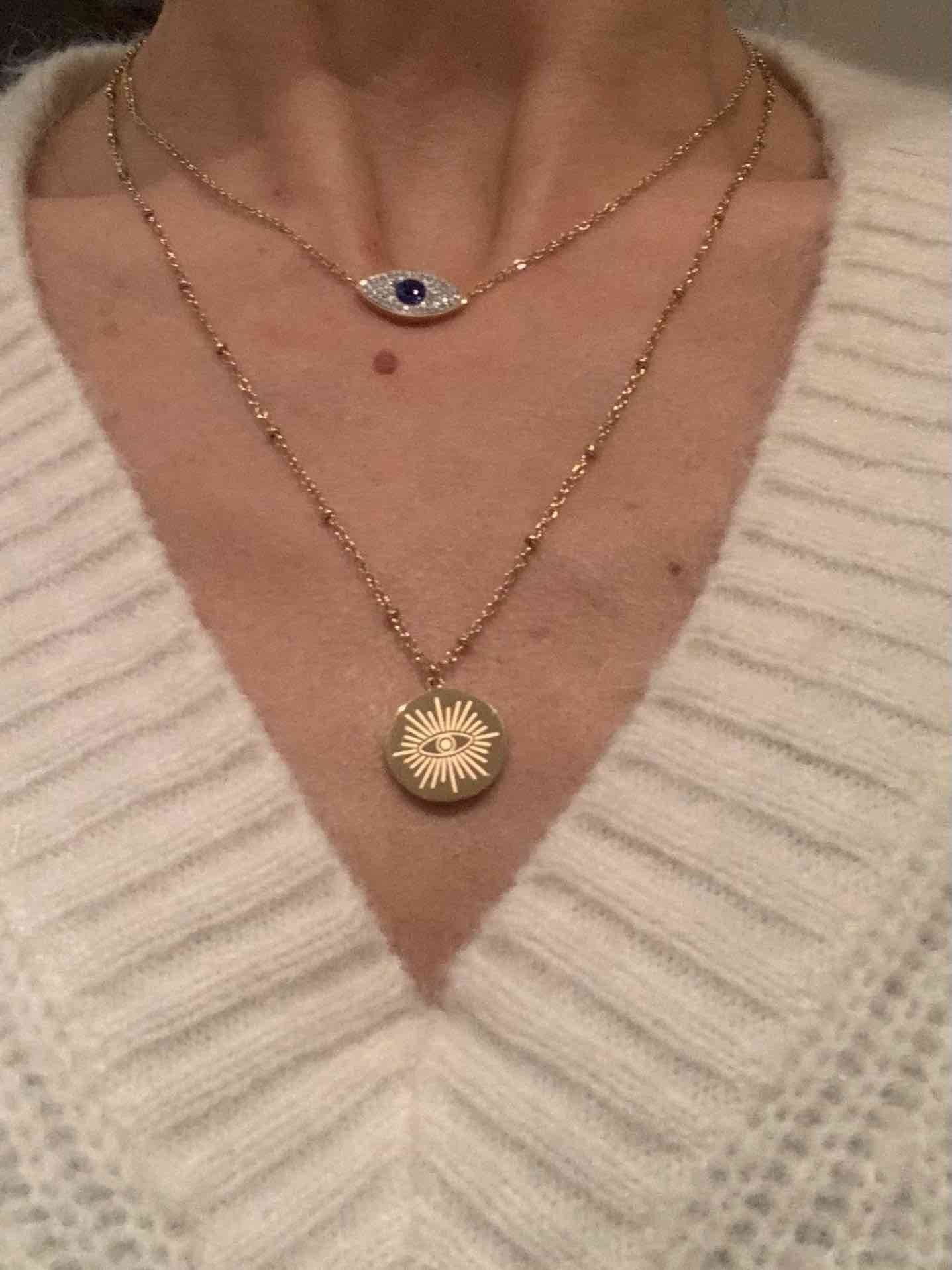 Collier Acier - Deux rangs avec pendentifs oeil strass et pastille 