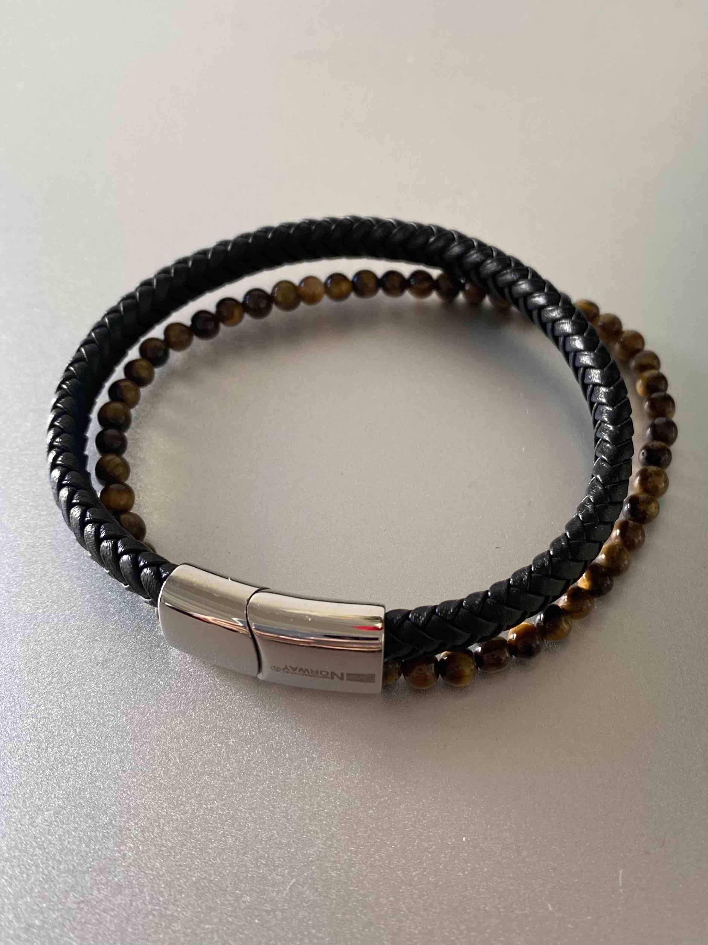 Bracelet Acier - Multi-rangs perles et tressage cuir 