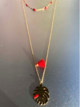 Collier Acier - 2 rangs avec perles colorées, pompon et feuille 