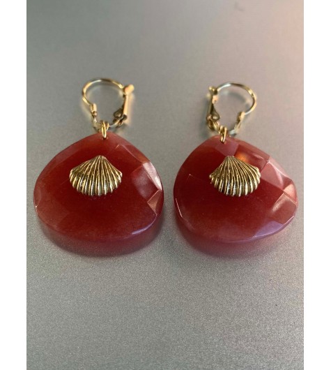 BO dormeuses Acier - Pierres à facettes avec coquillages dorés