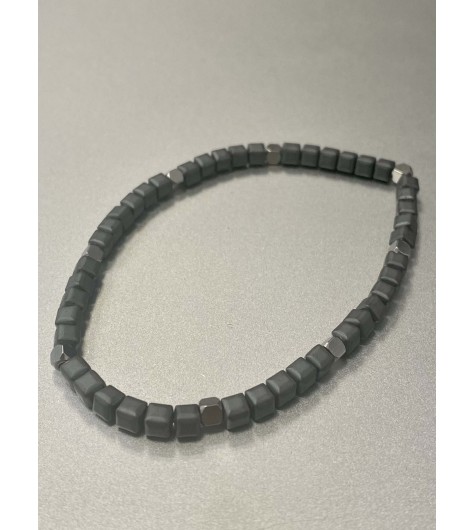 Bracelet Acier - Rang perles mates carées et pastilles acier 