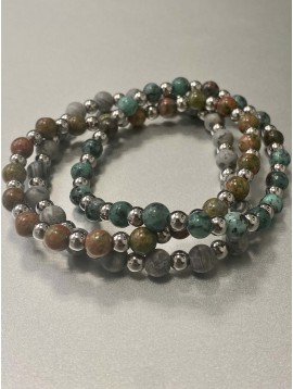 Bracelet Acier - Rang pierres effet marbre et pastilles acier 