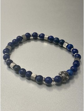 Bracelet Acier - Rang perles et pastille acier incrustée tête de mort