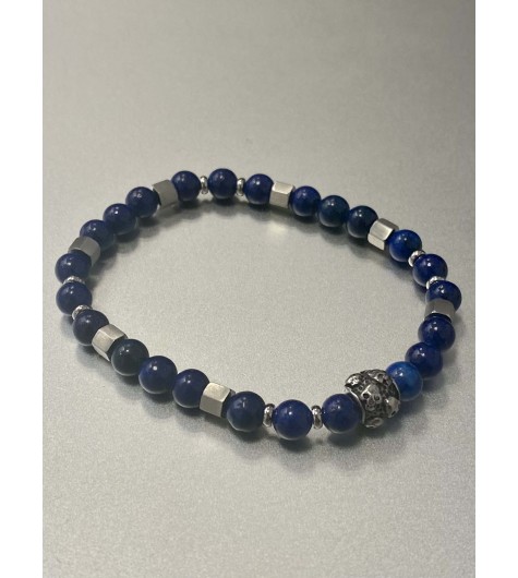 Bracelet Acier - Rang perles et pastille acier incrustée tête de mort