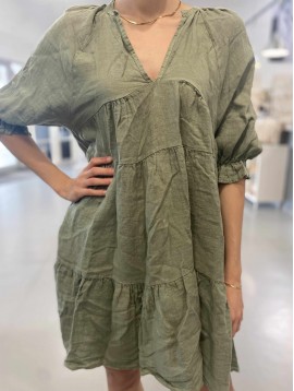 Robe mi-longue unie à volants col V et manches bouffantes 