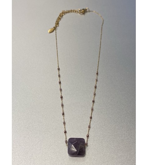 Collier Acier - Perle carrée à facette sur chaine fine et mini perles 