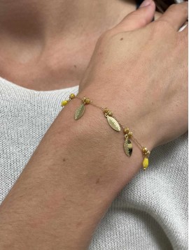 Bracelet Acier - Petites feuilles gravées et perles sur chaine fine 