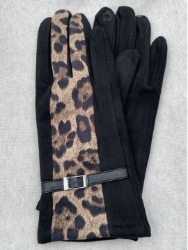 Gants peau de pêche tactie bande imprimée léopard et détail boucle 