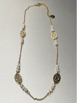 Collier Acier - pastilles ovales ornées et perles sur chaine fine 