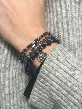 Bracelet - Multirangs perles et strass "Amour" avec pompon 