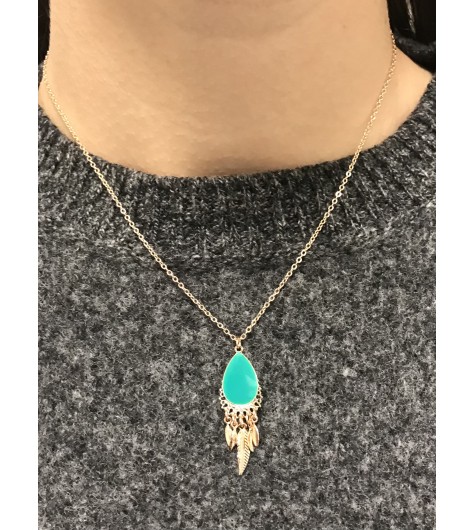 Collier Acier - Ovale orné sur chaine fine avec feuilles pendantes 