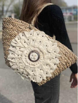Sac porté épaule style panier de plage avec coquillages et dentelle