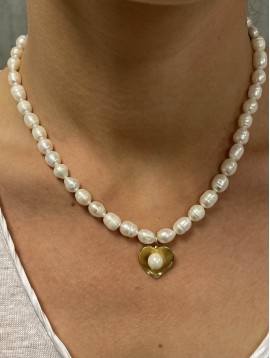 Collier Acier - Court rang perles asymétriques avec pendentif coeur 