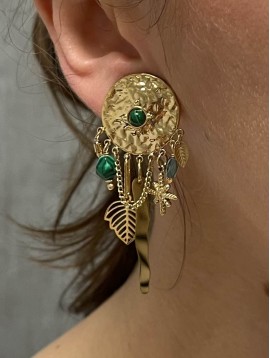BO clips Acier- Pastilles martelées avec pendentifs feuille et perles 