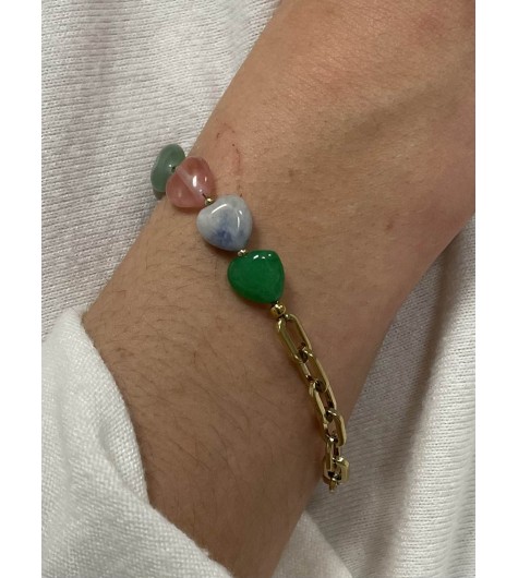 Bracelet Acier - Rang perles coeur et chaine maillons ovales