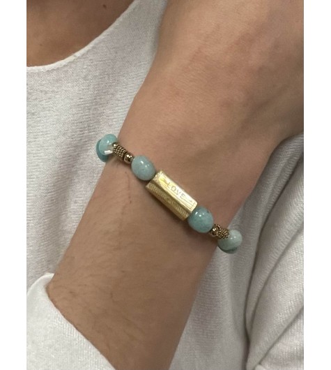 Bracelet Acier -Cylindre "love" et pierres naturelles sur élastique