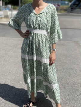 Robe longue manches 3/4 col rond avec lien