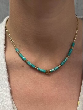 Collier Acier - Pastille métal oeil sur perles rondelles et chaîne
