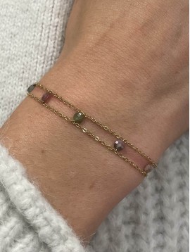 Bracelet Acier - Perles rondes naturelles entre 2 chaînes fines
