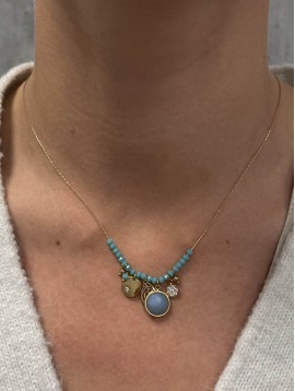 Collier Acier - Pendentid feuille et pierre ronde sur perles et chaîne