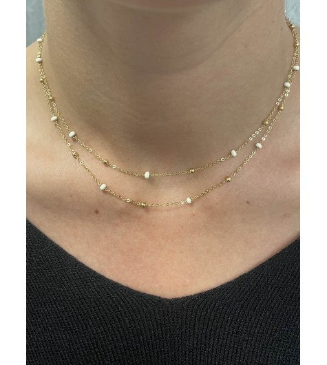 Collier Acier - Multirangs perles dorées et colorées sur chaines fines