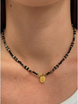 Collier Acier - Chaine perles de verre et pampilles en métal