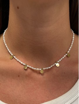 Collier Acier - Chaine perles nacrées ovales avec pampilles pastilles