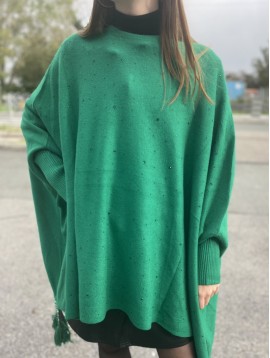 Poncho col rond avec manches tout strass en pointe avec pompons 