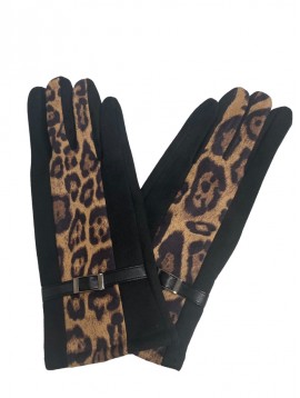 Gants peau de pêche tactie bande imprimée léopard et détail boucle 