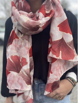 Echarpe viscose imprimée grandes feuilles de gingko et lurex