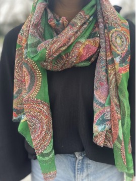 Echarpe fine avec soie imprimée rosaces et détails lurex