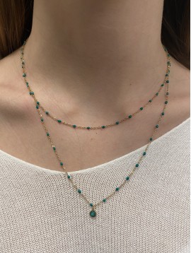 Collier Acier- Double rang minis perles sur chaine fine avec pendentif
