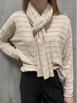 Top col V coton rayé lurex manches longues avec écharpe assortie