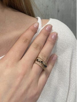 Bague Acier - Triple rangs feuilles et perles  naturelles