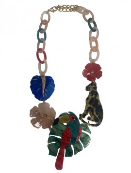 Collier court - Panthère et toucan en résine avec feuille sur chaine