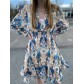 Robe courte manches longues élastique à la taille imprimée Ikat