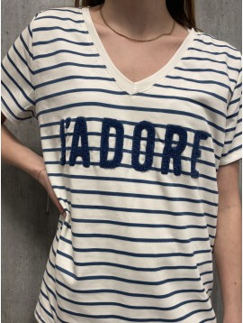 Tee shirt rayé col V floqué "J'ADORE"
